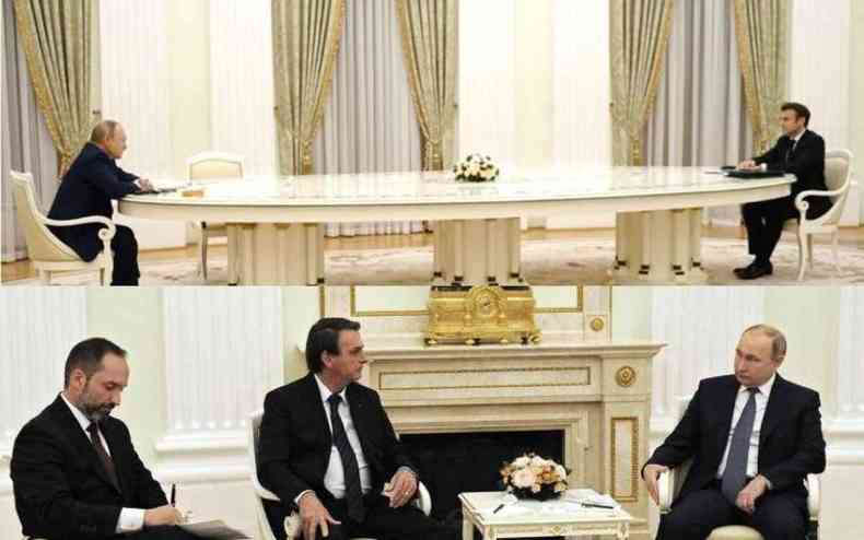 Montagem: FOTO1: Macron senta do outro lado da mesa de Putin. FOTO2: Bolsonaro senta ao lado de Putin