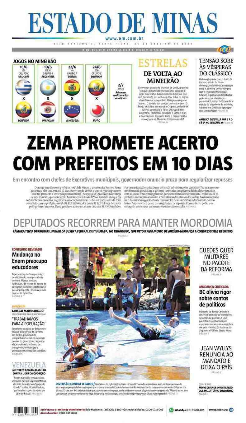 Confira a Capa do Jornal Estado de Minas do dia 25/01/2019(foto: Estado de Minas)