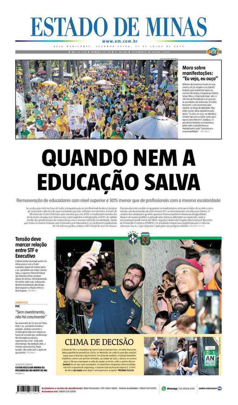 Confira a Capa do Jornal Estado de Minas do dia 01/07/2019(foto: Estado de Minas)
