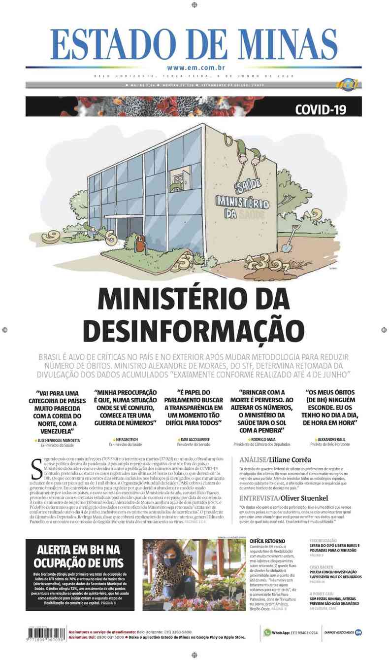Confira a Capa do Jornal Estado de Minas do dia 09/06/2020(foto: Estado de Minas)