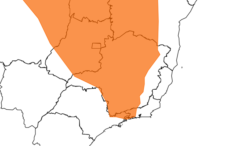 Em laranja no mapa estão os municípios com alerta de perigo em Minas Gerais em função das chuvas