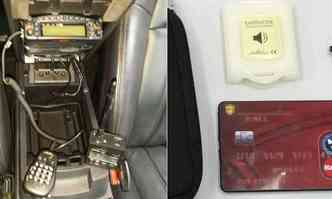 Duas frentes do golpe: transmissor de rdio instalado no carro (esq) e celular disfarado de carto