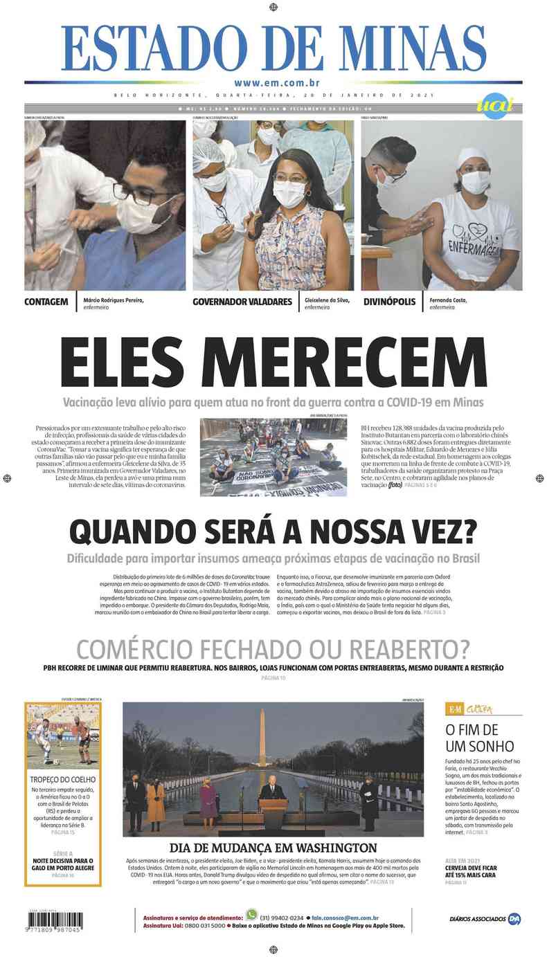 Confira a Capa do Jornal Estado de Minas do dia 20/01/2021(foto: Estado de Minas)