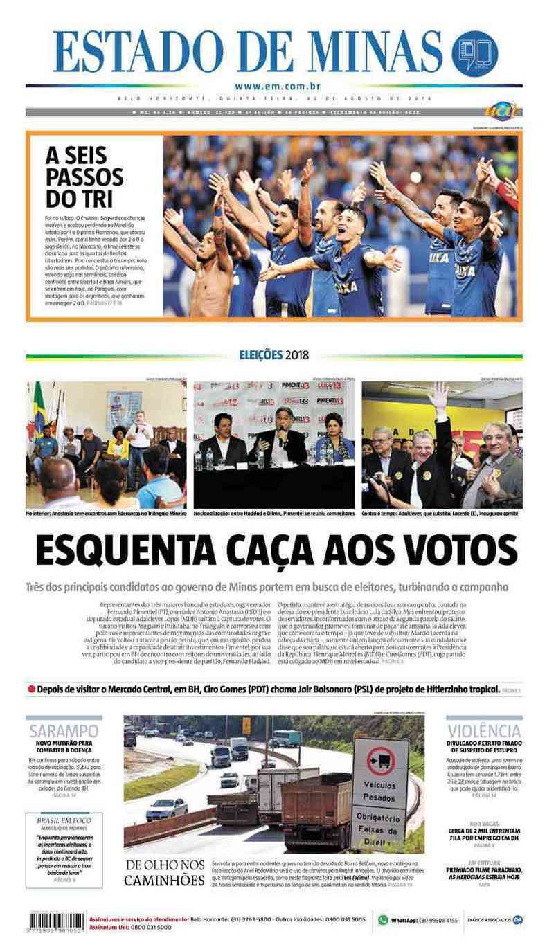 Confira a Capa do Jornal Estado de Minas do dia 30/08/2018(foto: Estado de Minas)