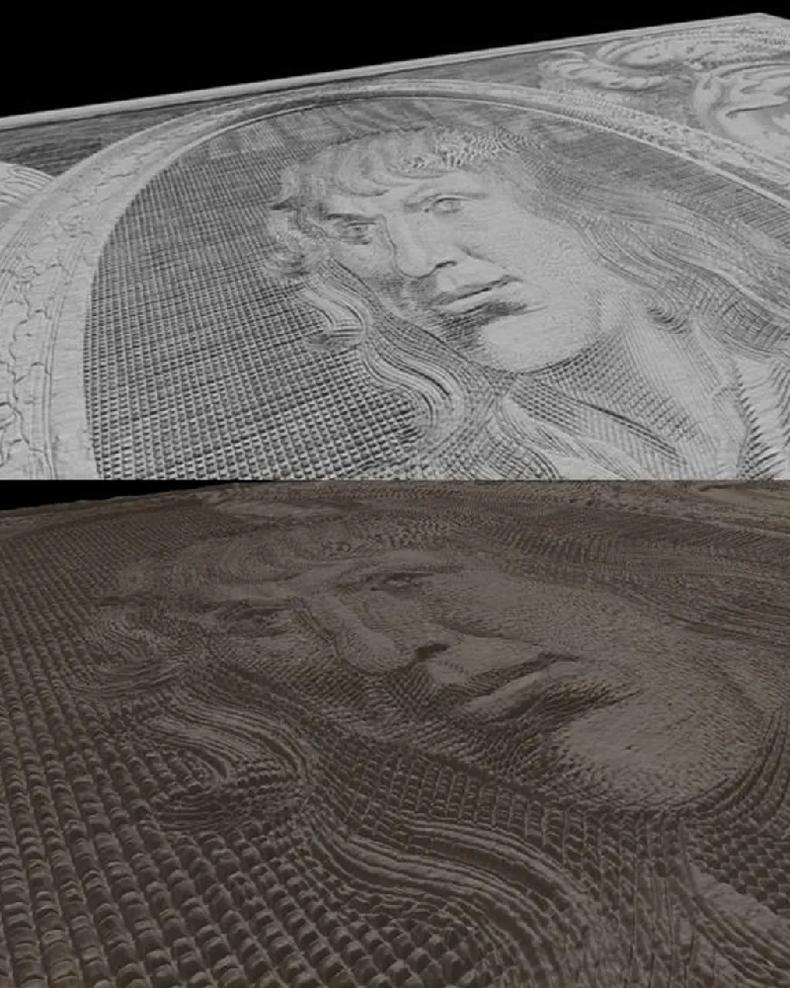 A viso detalhada desta placa de impresso revela sua textura, mapeada e digitalizada pela tecnologia