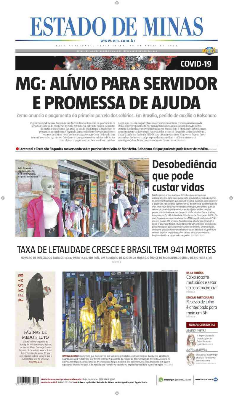 Confira a Capa do Jornal Estado de Minas do dia 10/04/2020(foto: Estado de Minas)