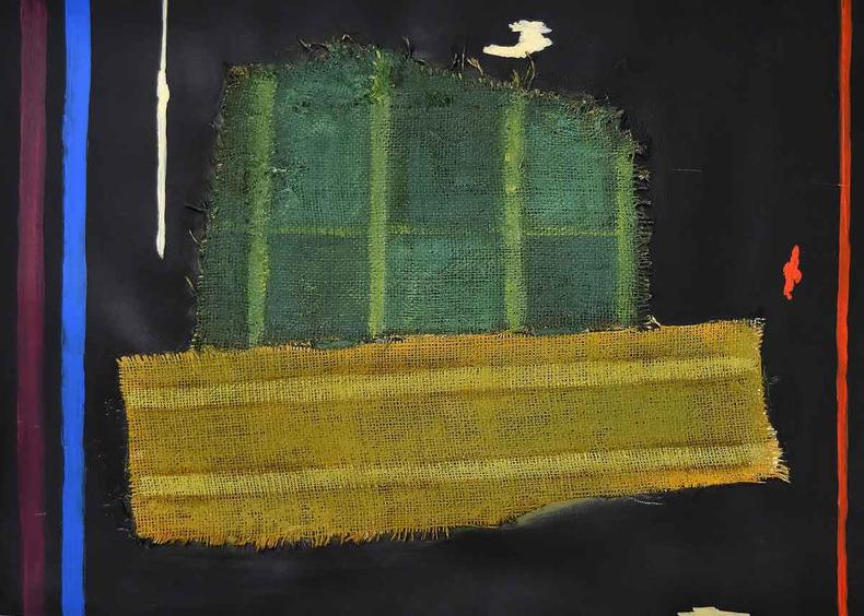 obra abstrata em acrlica e juta sobre papel