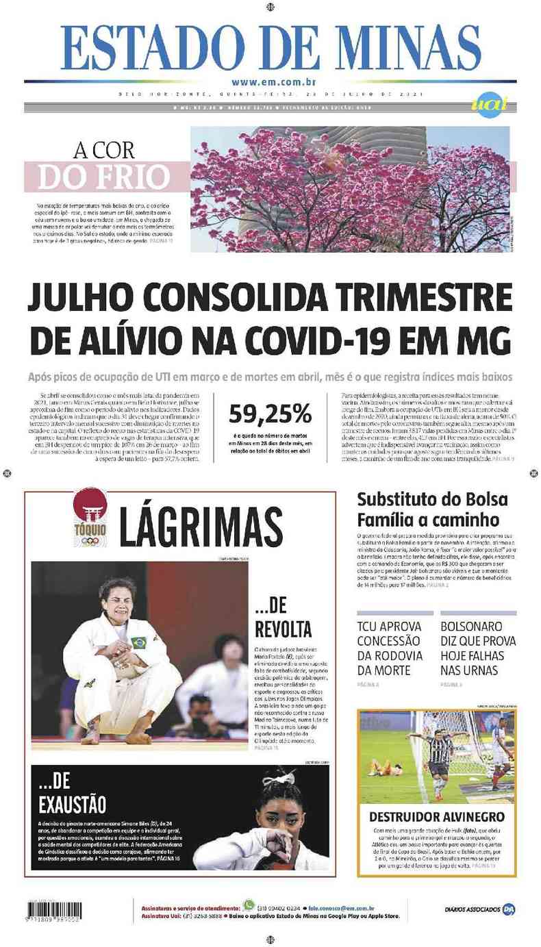 Confira a Capa do Jornal Estado de Minas do dia 29/07/2021(foto: Estado de Minas)
