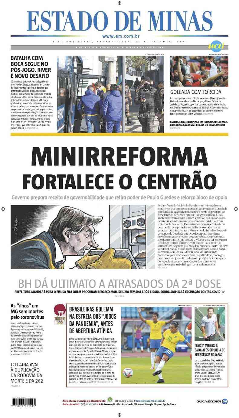 Confira a Capa do Jornal Estado de Minas do dia 22/07/2021(foto: Estado de Minas)