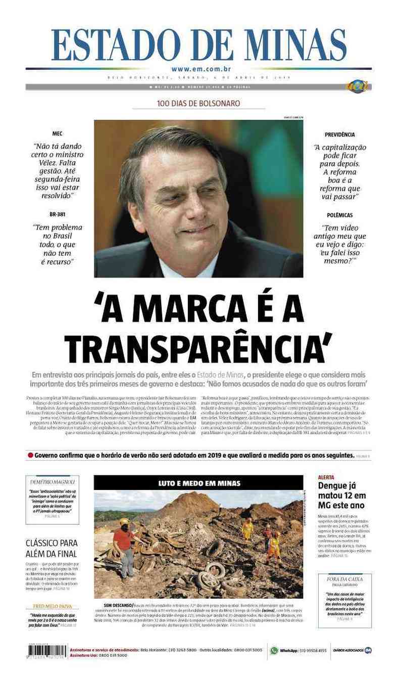 Confira a Capa do Jornal Estado de Minas do dia 06/04/2019(foto: Estado de Minas)