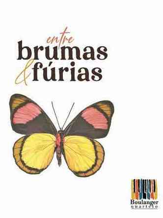 Capa do disco Entre brumas e frias traz a ilustrao de borboleta nas cores amarelo, laranja e marrom 