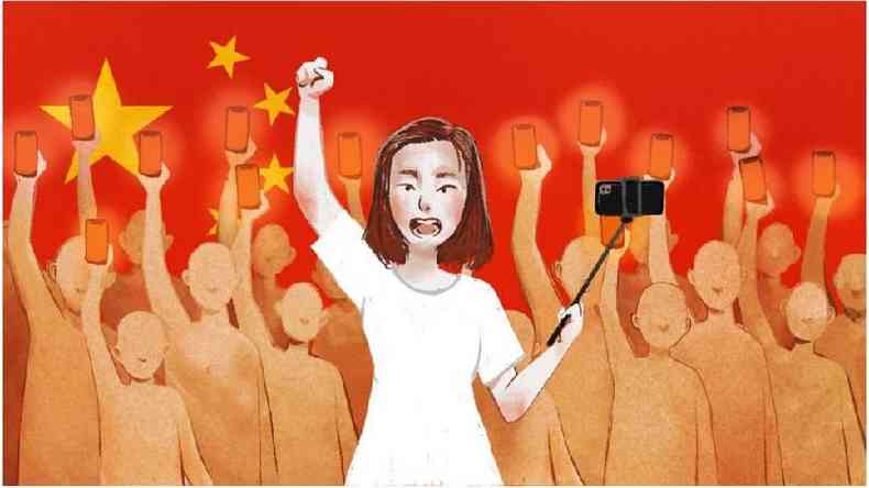 Ilustrao de blogueira chinesa com pau de selfie e celular na mo