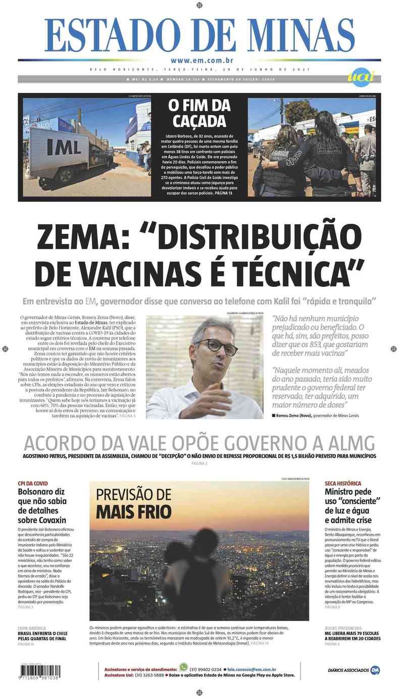 Confira a Capa do Jornal Estado de Minas do dia 29/06/2021(foto: Estado de Minas)