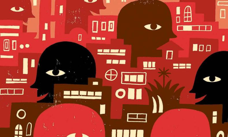 Ilustrao mostra rostos de pessoas entre prdios