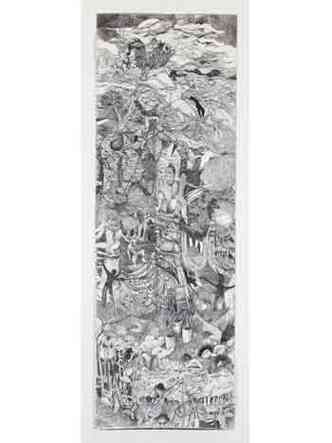 Em preto e branco, obra de Franois Andes traz figuras humanas e de animais, alm de plantas