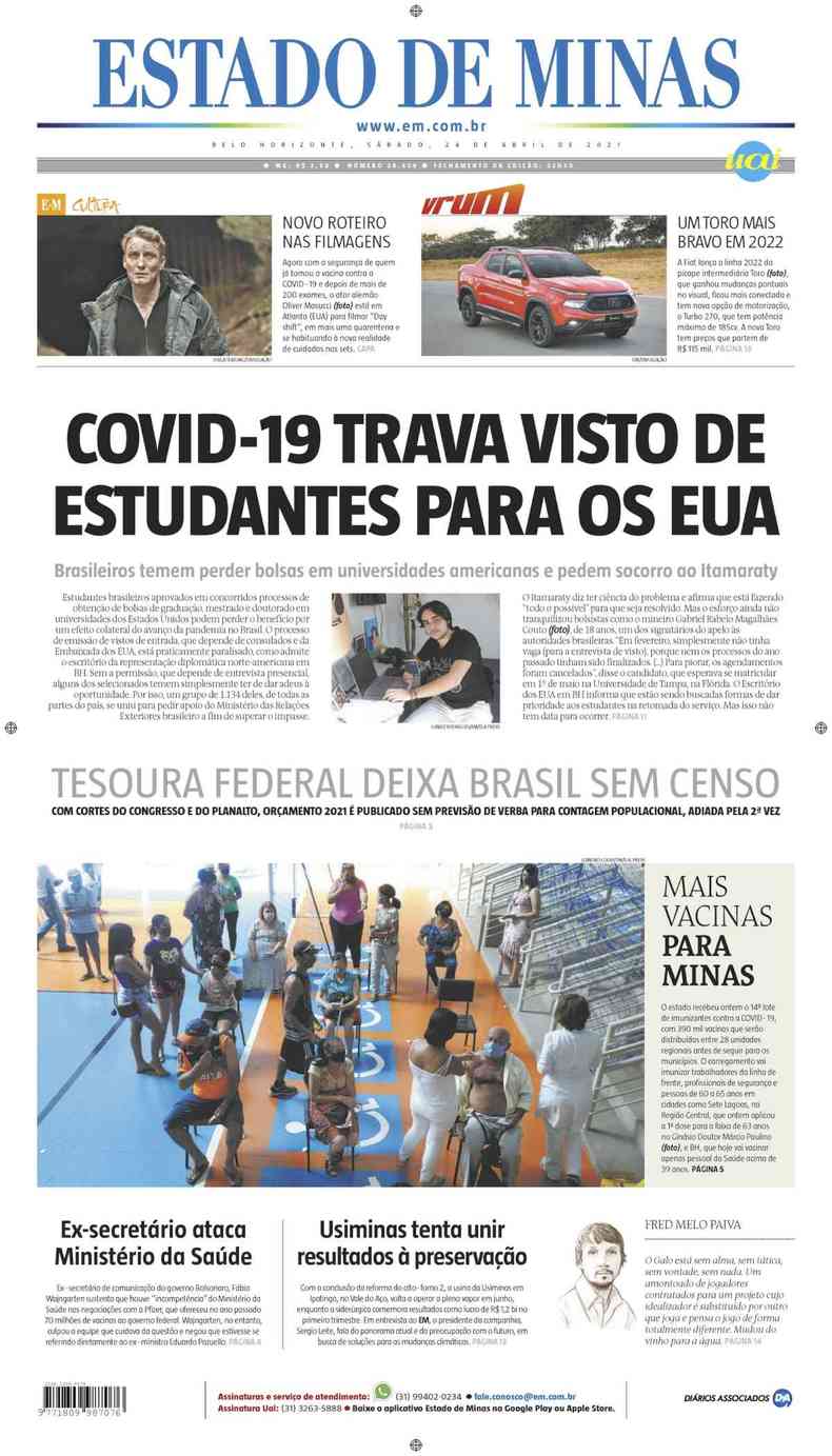 Confira a Capa do Jornal Estado de Minas do dia 24/04/2021(foto: Estado de Minas)