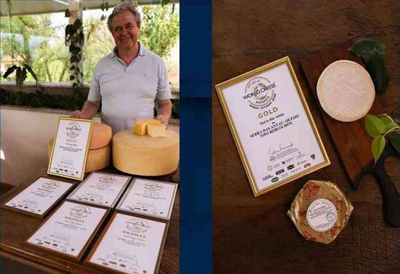 Montagem com fotos de queijo, uma pessoa e os prêmios