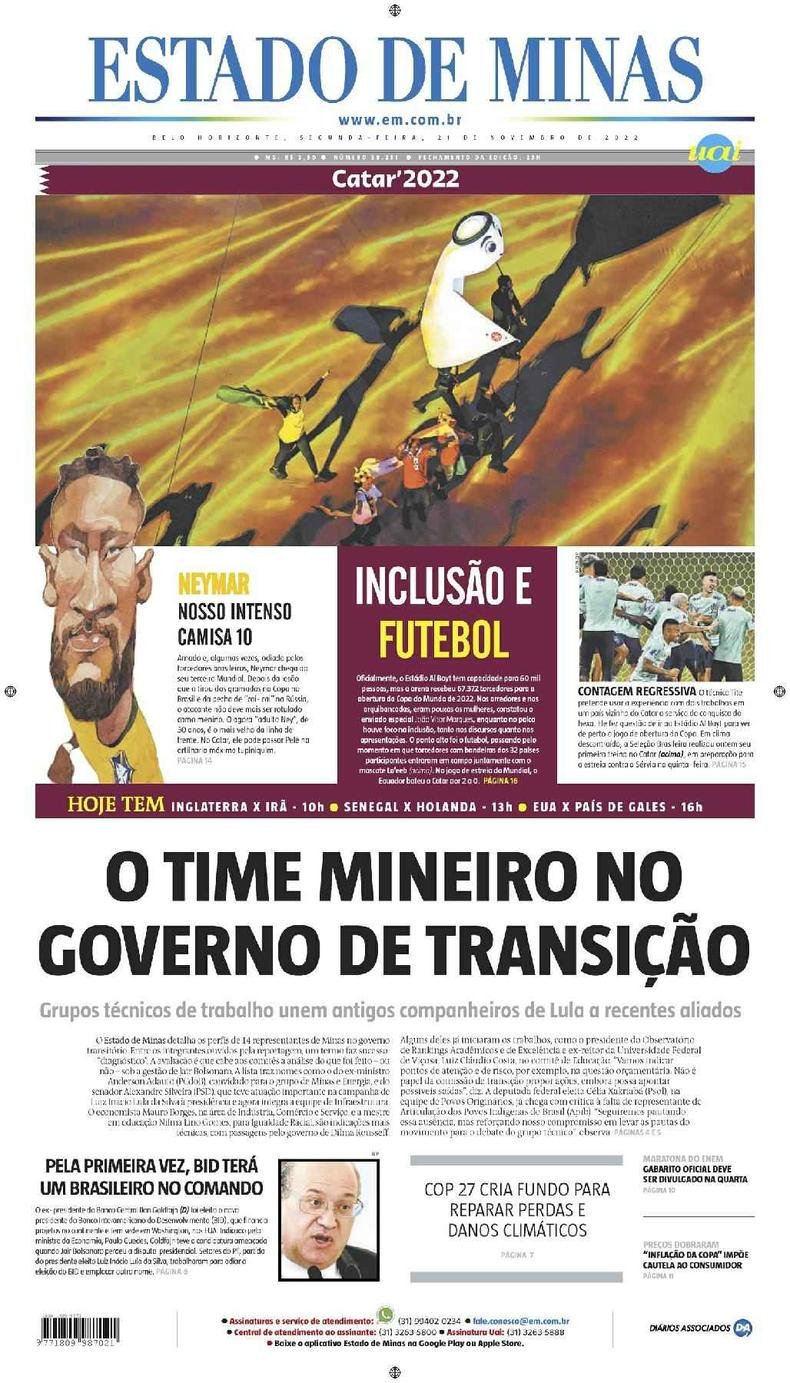 Confira a Capa do Jornal Estado de Minas do dia 21/11/2022