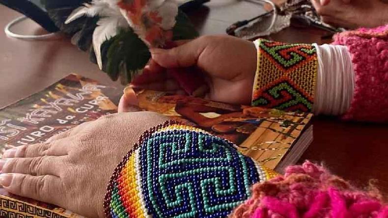 Mo manuseando livro, com decoraes indgenas