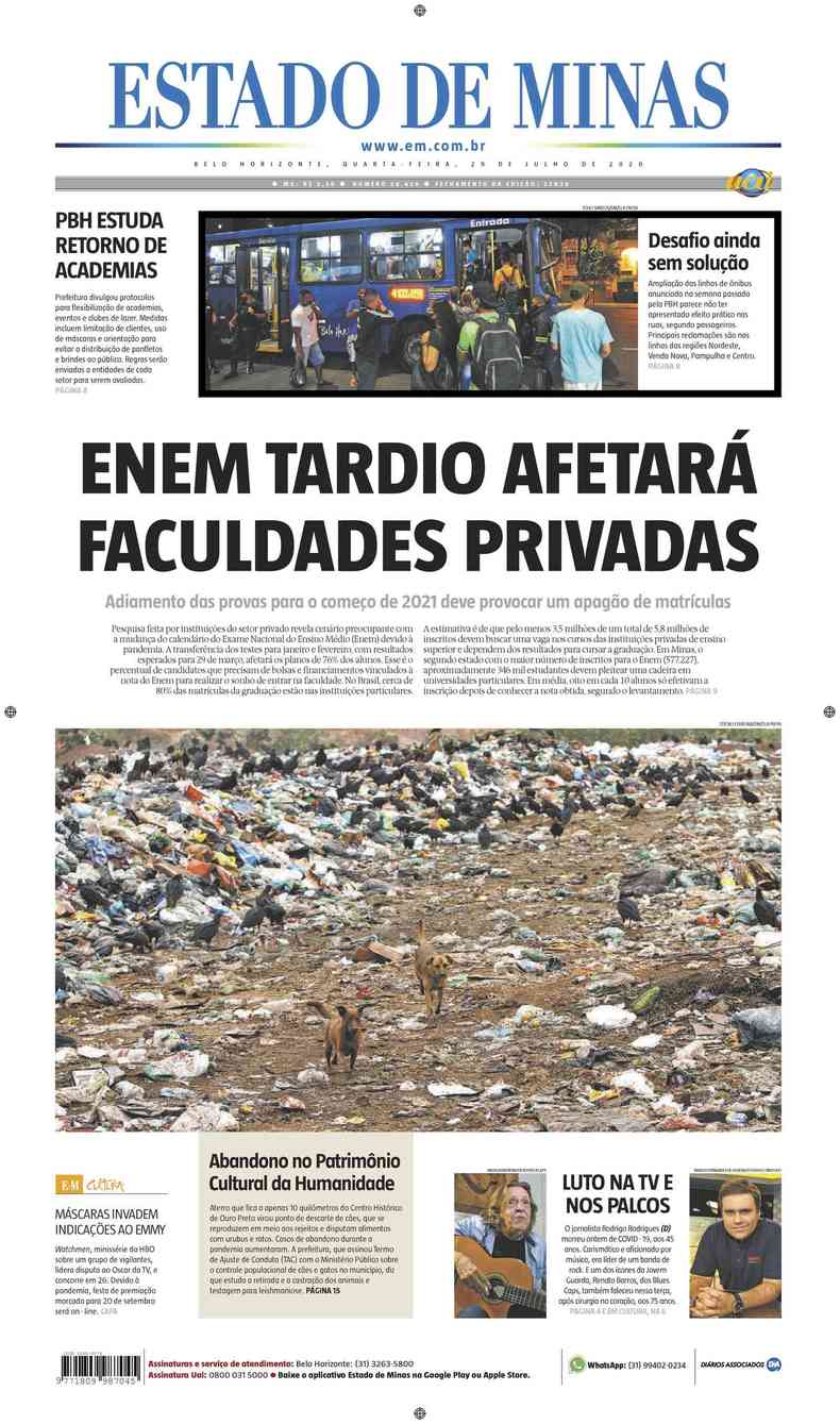 Confira a Capa do Jornal Estado de Minas do dia 29/07/2020(foto: Estado de Minas)