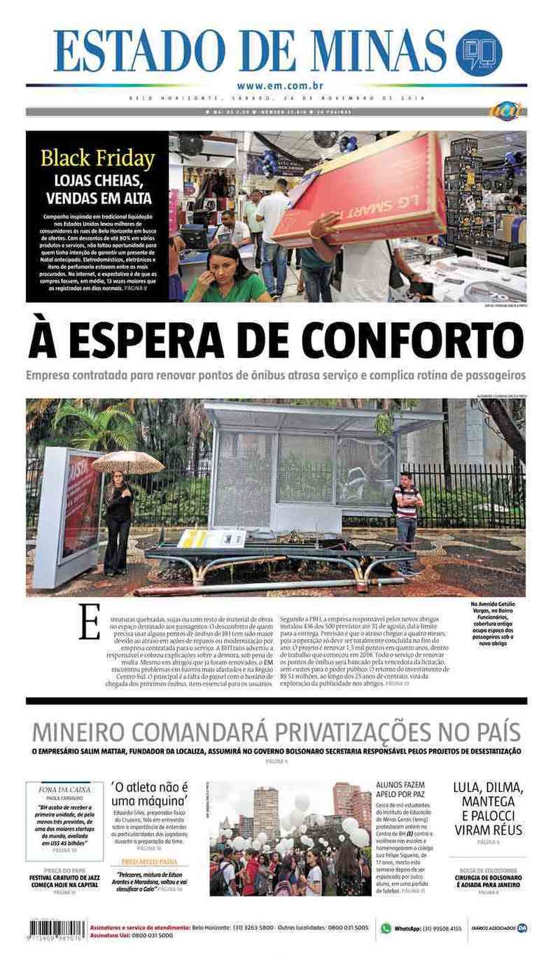 Confira a Capa do Jornal Estado de Minas do dia 24/11/2018(foto: Estado de Minas)
