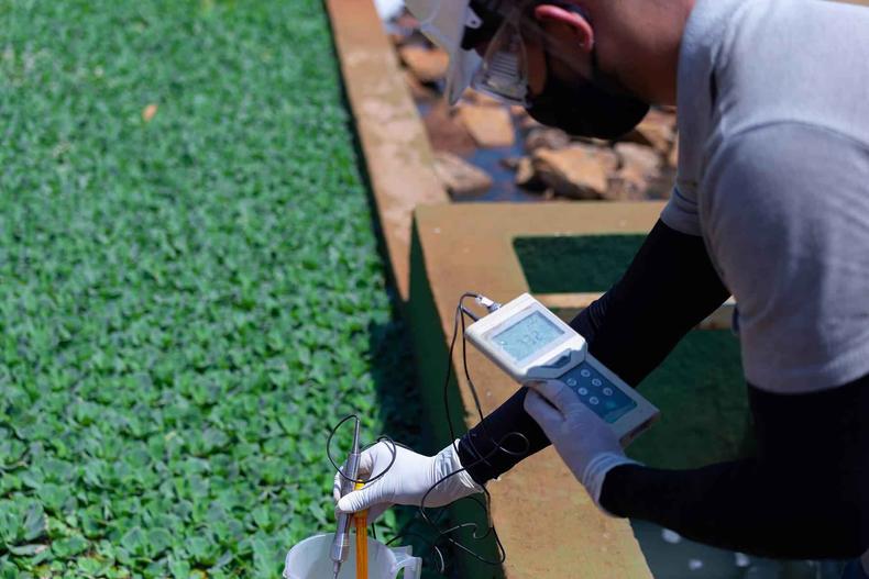 Colaborador da Itaminas fazendo coleta e anlise de dados na barragem