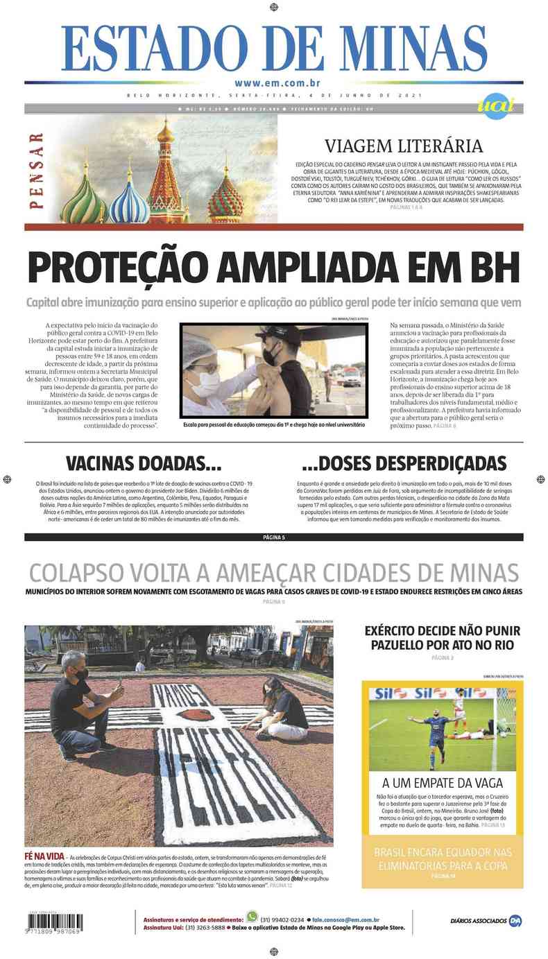Confira a Capa do Jornal Estado de Minas do dia 04/06/2021(foto: Estado de Minas)