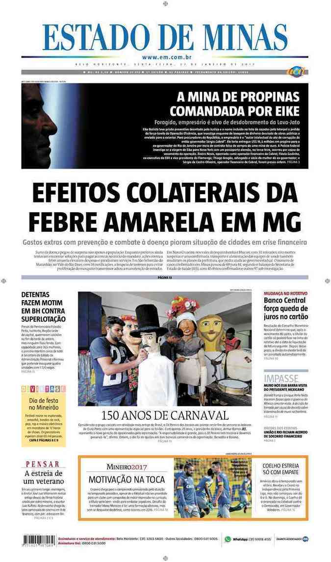 Confira a Capa do Jornal Estado de Minas do dia 27/01/2017