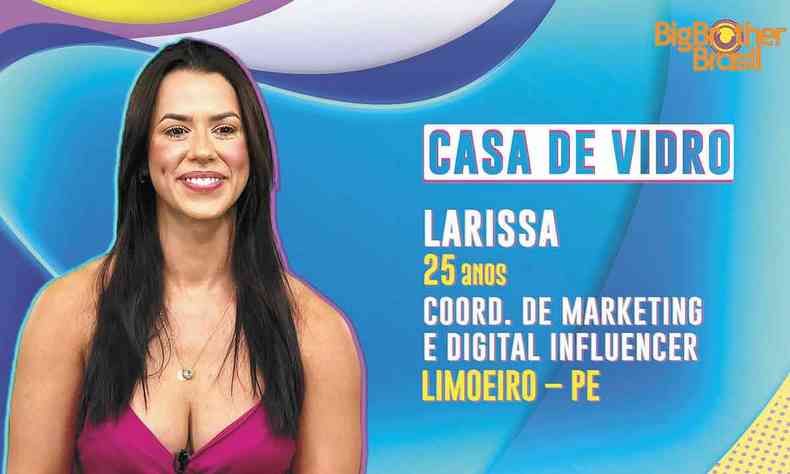 cartaz divulgado pela globo com dados pessoais e foto da nova sister do big brother Larissa