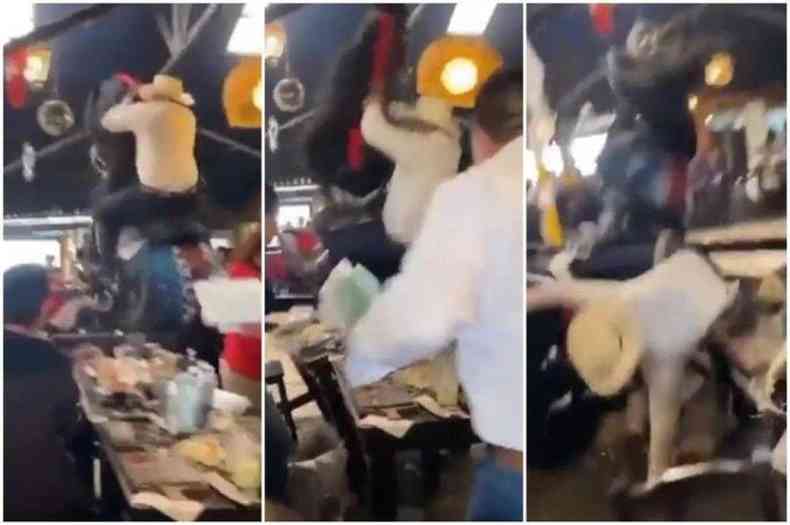 Cavalo empina e homem cai de costas nas mesas de um restaurante durante o show