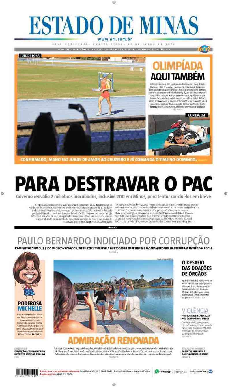 Confira a Capa do Jornal Estado de Minas do dia 27/07/2016