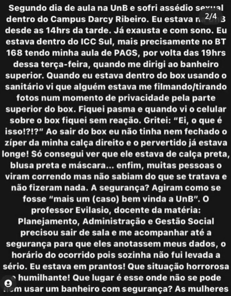 Texto em Instagram relata o caso