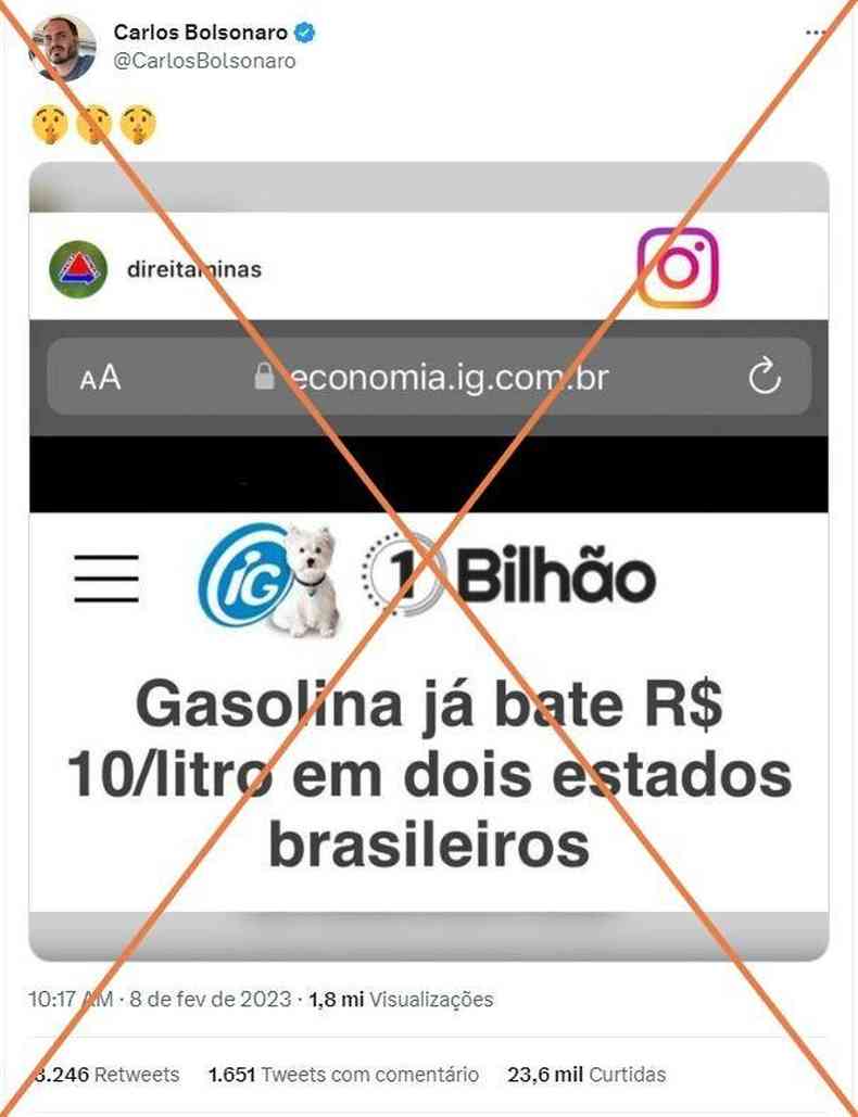 Captura de tela feita em 9 de fevereiro de 2023 de uma publicao de Carlos Bolsonaro no Twitter