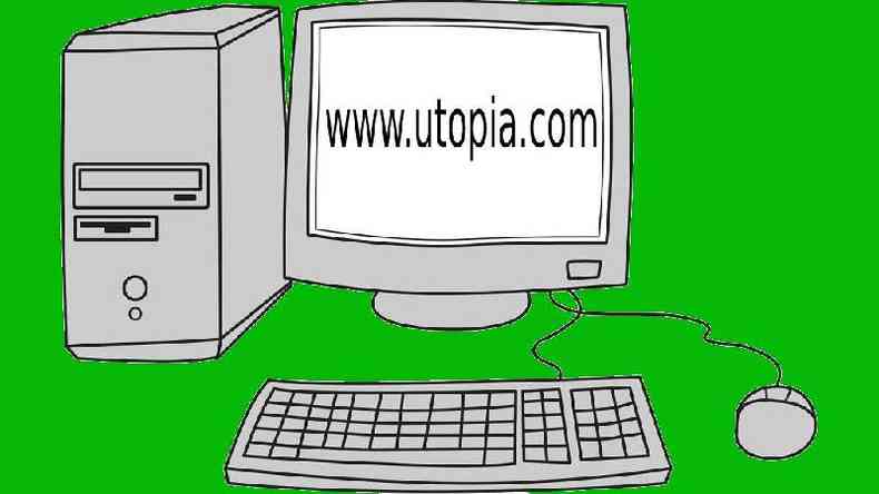 Desenho de computador com o endereço www.utopia.com na tela