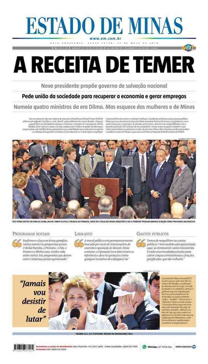 Confira a Capa do Jornal Estado de Minas do dia 13/05/2016