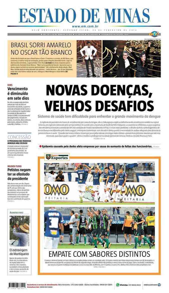 Confira a Capa do Jornal Estado de Minas do dia 29/02/2016