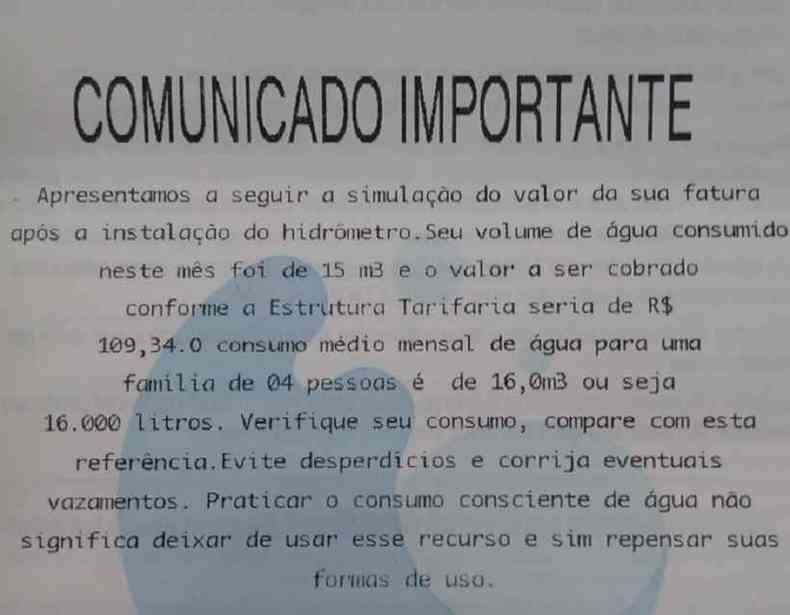 Comunicado enviado aos moradores pela SaneOuro sobre a simulao de valor que seria cobrado de acordo com o consumo de gua(foto: Reproduo)