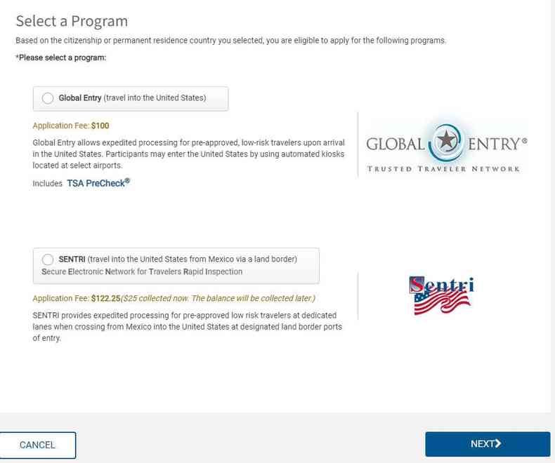 Inscrio do programa 'Global Entry' passo 6.1