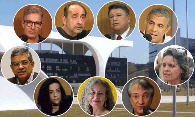 Fotomontagem com o rosto dos nove pr-candidatos ao governo de Minas Gerais e a Cidade Administrativa ao fundo