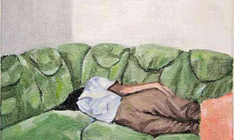 Mulher deitada em sof em srie de pinturas de Lgia Teixeira