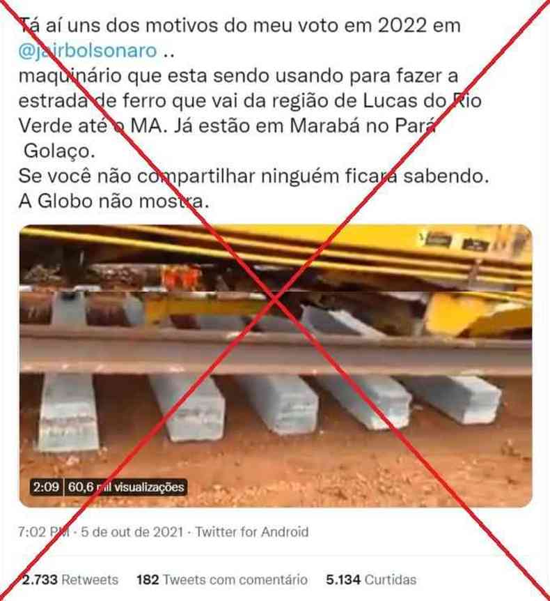 Print de postagem que informa, de forma enganosa, sobre construo de estrada de ferro atribuda ao governo Bolsonaro
