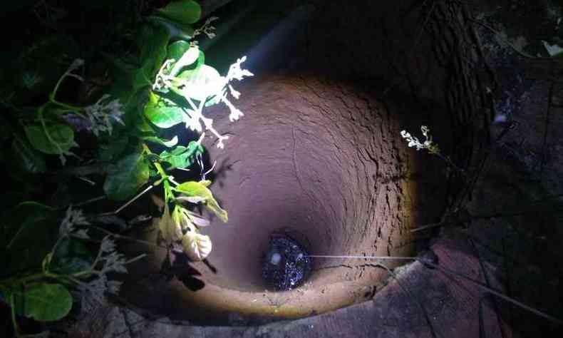 A cisterna estava encoberta com galhos de rvore, segundo os policiais, e por isso, seria difcil de ser notada  noite(foto: Corpo de Bombeiros/Divulgao)