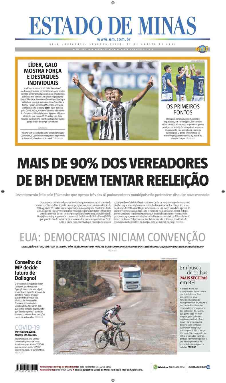 Confira a Capa do Jornal Estado de Minas do dia 17/08/2020(foto: Estado de Minas)