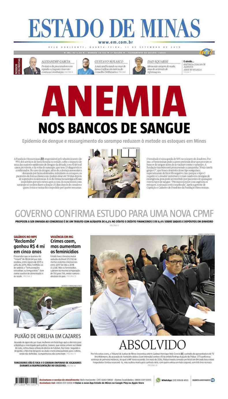 Confira a Capa do Jornal Estado de Minas do dia 11/09/2019(foto: Estado de Minas)
