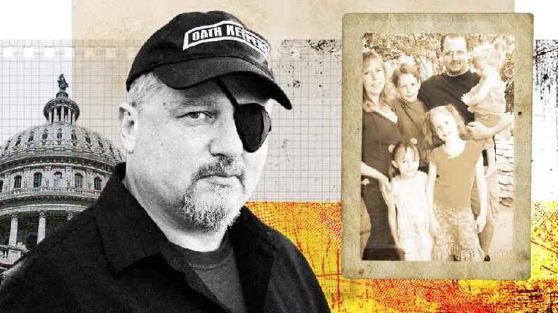 Montagem fotogrfica de Stewart Rhodes ao lado de uma foto de sua famlia