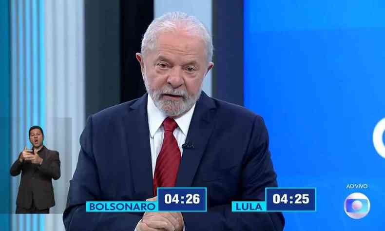 Lula do debate da Globo de terno, gravata vermelha e um estdio azul