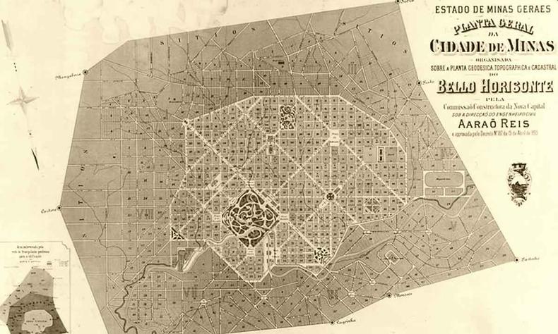 Belo Horizonte foi inaugurada em 12 de dezembro de 1897, após muita disputa pela mudança da capital(foto: Arquivo Publico Mineiro/ Divulgação) mapa antigo mostra a planta do centro de Belo Horizonte