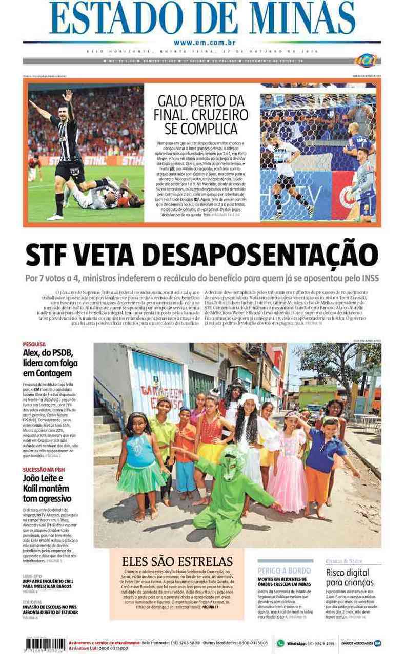 Confira a Capa do Jornal Estado de Minas do dia 27/10/2016