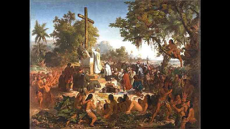 Primeira Missa no Brasil (1861), de Victor Meirelles; quadro mostra os nativos acompanhando passivamente o ato litrgico representado como o inaugural na ento colnia portuguesa