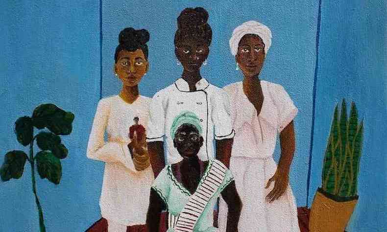 Pintura de quatro mulheres pretas, todas vestindo roupas em tons de branco com detalhes em azul e amarelo. Duas delas usam um turbante na cabea e as outras duas tm o cabelo preso em coque. O fundo  azul com uma planta de cada lado.